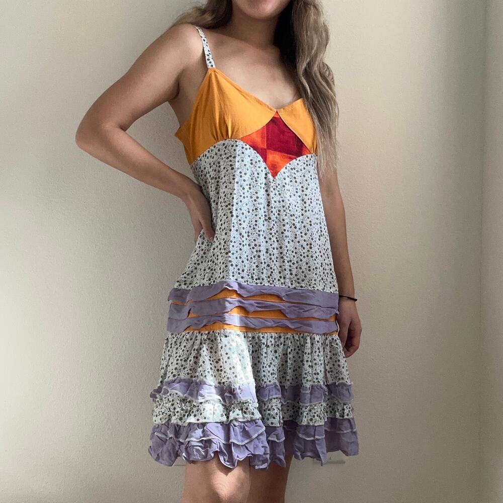 Savage Culture boho patchwork floral ruffle color block mini dress small